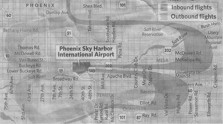 flight paths at Sky Harbor International Airport in Phoenix, Arizona